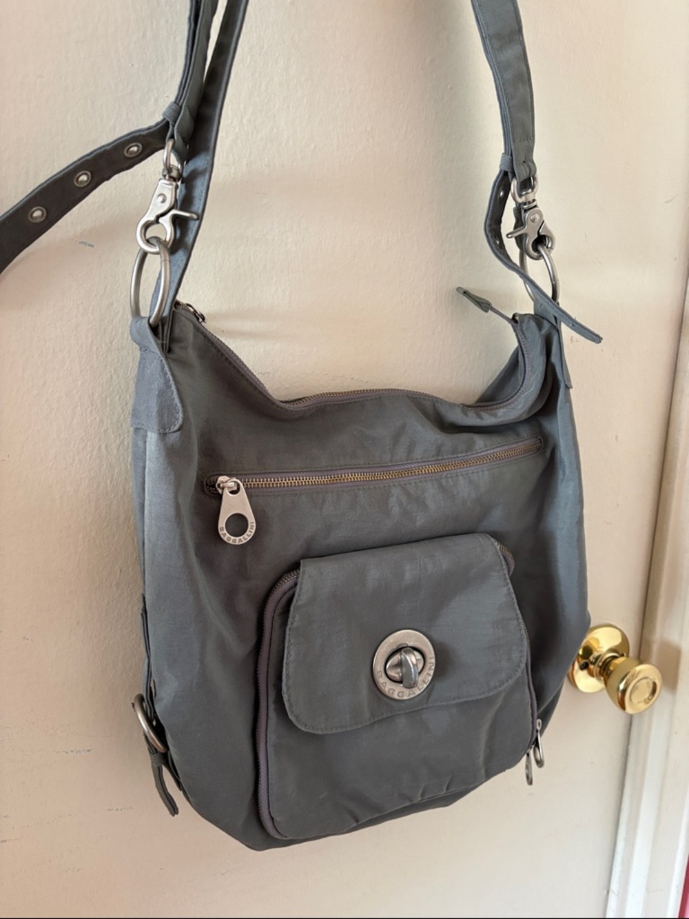 Baggalini Brussels Gray Crossbody Bag with O-Rings, Double Strap & Yellow Lining